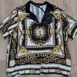 $990 Mens BALMAIN Foulard Print SS Button Up Shirt Black/Gold 2XL
